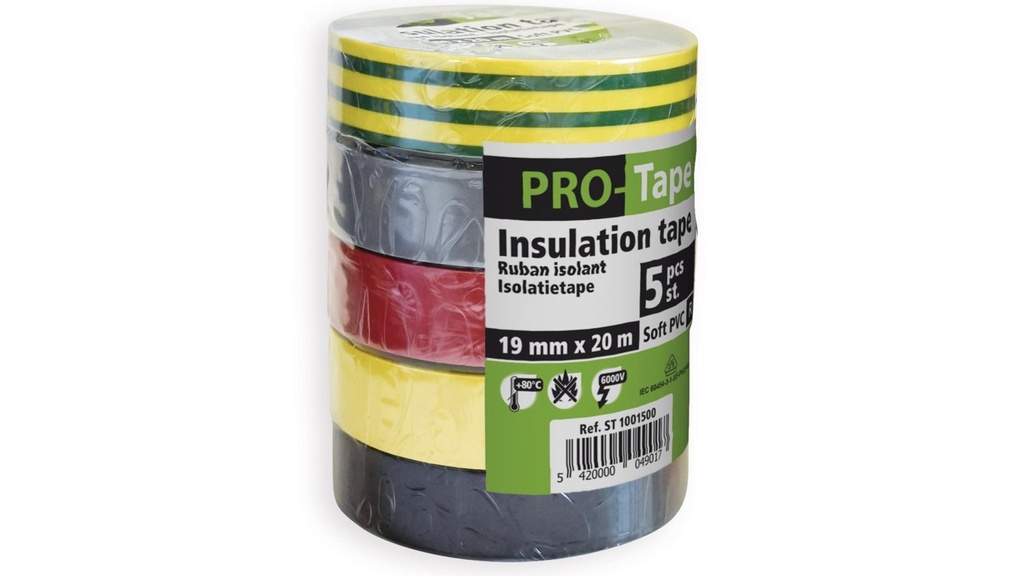 Toile isolante noire , jaune, rouge, grise, jaune/vert soft PVC 19mm x 20m (5p)