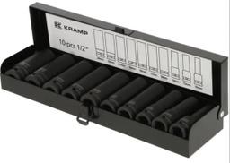 [20000.24010] Jeu de 10 douilles longues impact 1/2&quot; 10, 13, 14, 16, 17, 18, 19, 21, 22, 24 mm coffret métal